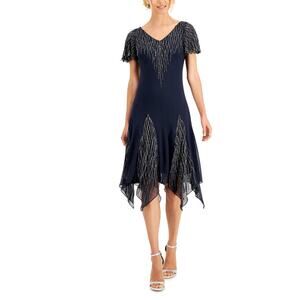 JKara Beaded Chiffon Short Sleeve Fit and Flare Midi Cocktail Dress Blue Size 12